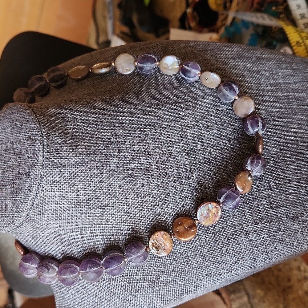 Vintage carved Amethyst pumpkin beads with coin pearls SRA
